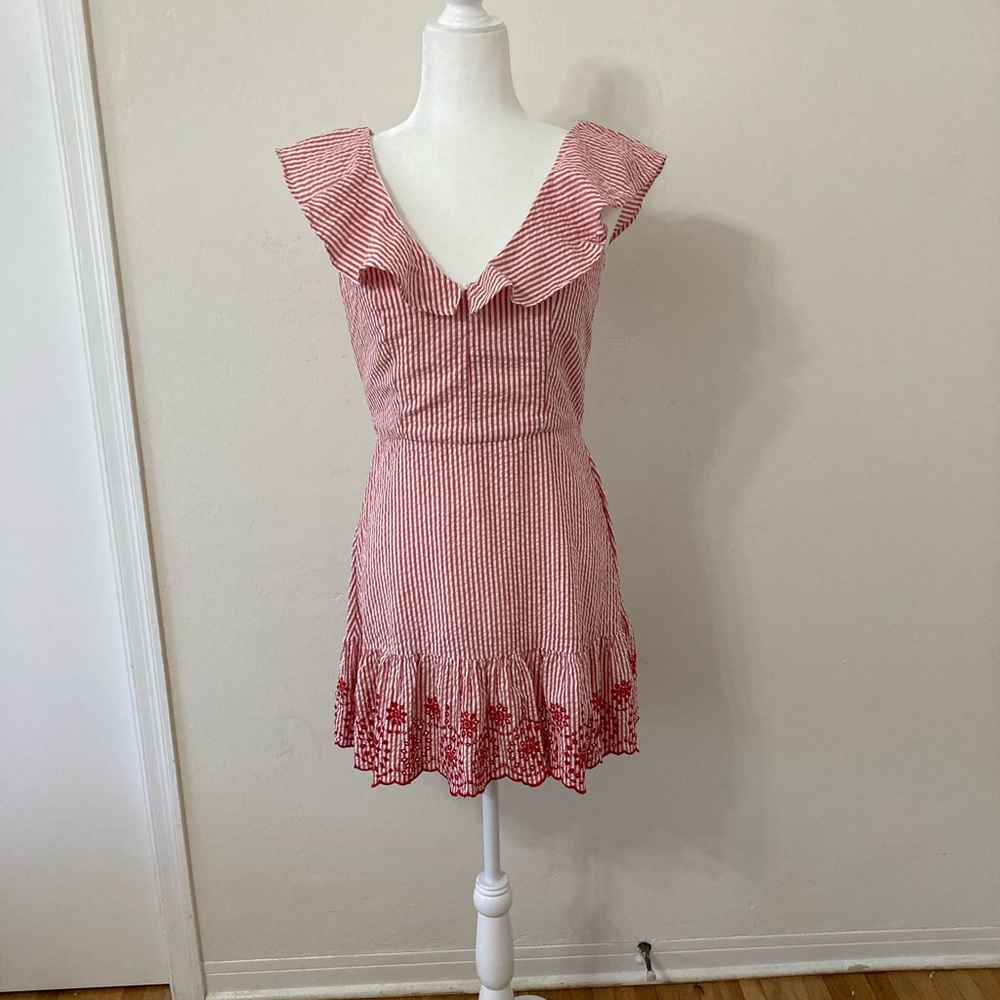 BCBGeneration red and white striped seersucker embroidered mini dress